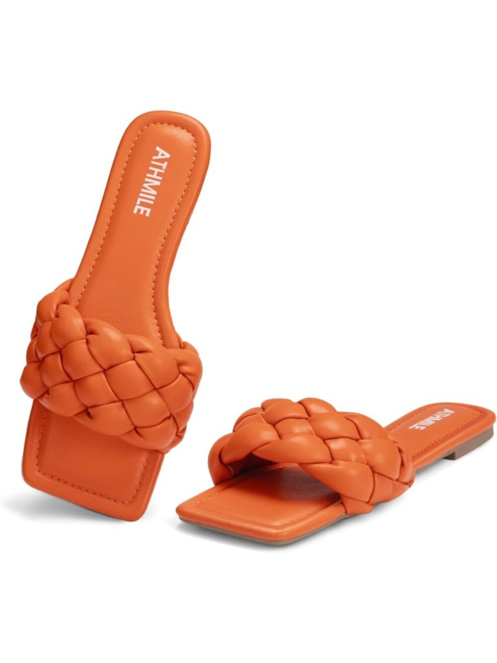 Women's Orange Soft Leather Braided Square Open Toe Fashion Flat Sandal Shoes